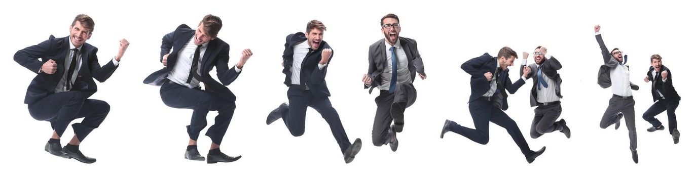 in full growth. two cheerful dancing business people. isolated on white background.