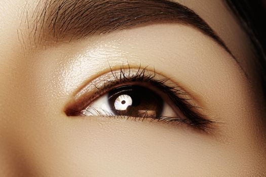 Beautiful macro of female eye with classic clean makeup. Perfect shape eyebrows, beige eyeshadows. Cosmetics and make-up. Care about eyes. Asian eye with daily make-up