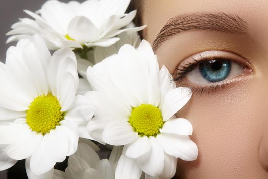 Close-up macro of beautiful female eye with perfect shape eyebrows. Clean skin, fashion naturel make-up. Good vision. Spring natural look with chamomile flowers