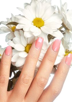 Manicured nails with natural nail polish. Manicure with pink nailpolish. Fashion manicure. Shiny gel lacquer. Spring style