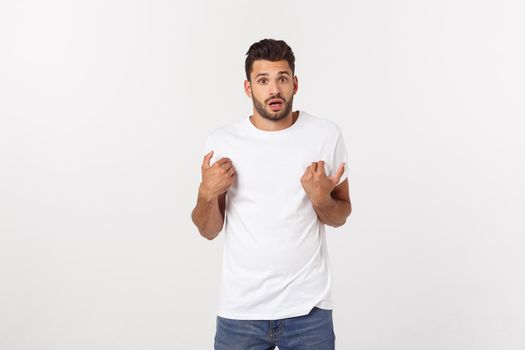 Close up portrait of disappointed stressed bearded young man in shirt over white background