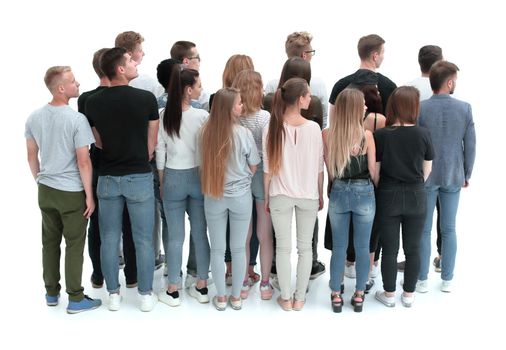 rear view. a group of young people looking in one direction. isolated on white