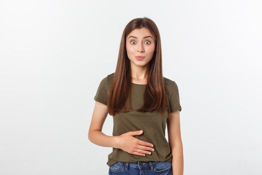 pregnant woman with her hands on her stomach, isolated against white background.