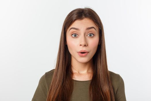 Beautiful caucasian woman smiling with open mouth and open palms.