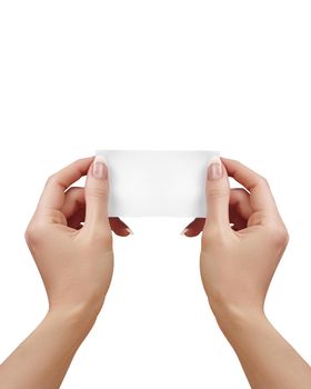 Beautiful female Hand holding paper business card on white background. Gift card, cutaway, graphic design.