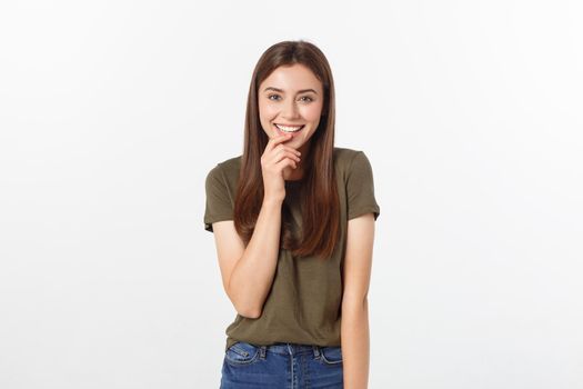 Happy woman Laughing. Closeup portrait woman smiling with perfect smile isolated grey background. Positive human emotion.