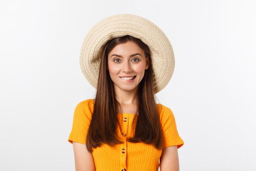 Travel concept - Close up Portrait young beautiful attractive girl wtih trendy hat and smiling. White Background. Copy space