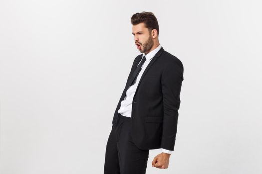 Portrait of confident mature businessman in formals standing isolated over white background.