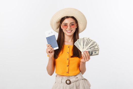 Travel concept - Close up Portrait young beautiful attractive girl wtih trendy hat and smiling. White Background. Copy space