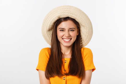 Travel concept - Close up Portrait young beautiful attractive girl wtih trendy hat and smiling. White Background. Copy space