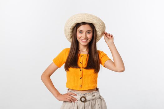 Travel concept - Close up Portrait young beautiful attractive girl wtih trendy hat and smiling. White Background. Copy space