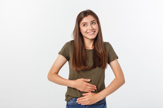 pregnant woman with her hands on her stomach, isolated against white background.