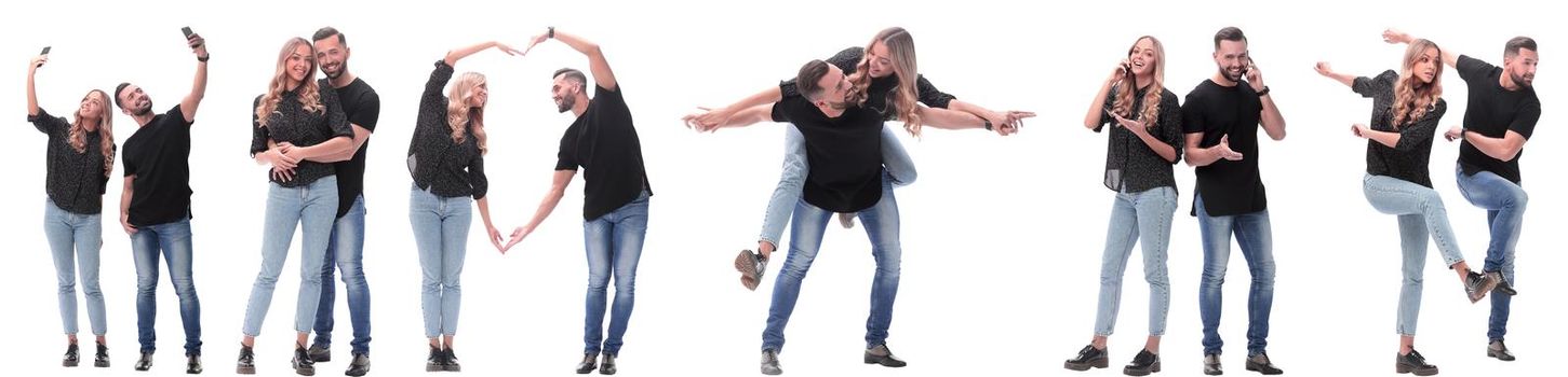 collage of photos of a couple of happy young people . isolated on a white background