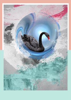 An abstract collage in a frame depicts a black Swan floating in a blue ball.