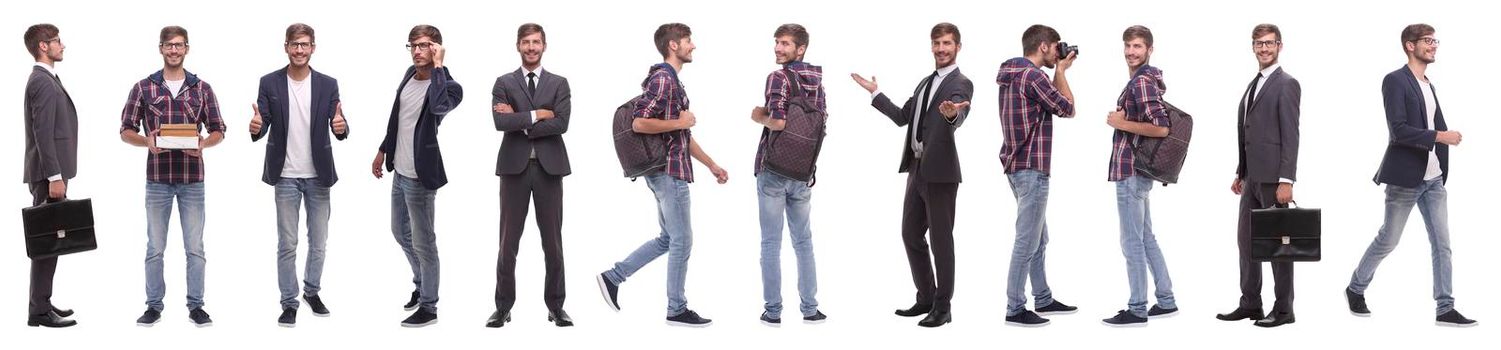 panoramic collage of self-motivated young man .isolated on white background