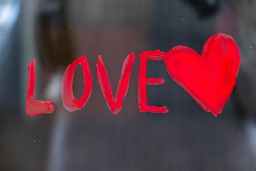 Red heart LOVE on a window, stay home, quarantine leisure, let's all be well, Valentines day, Love, Romance