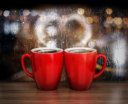 Red porcelain coffee cups with heart shaped steam. 3D illustration.