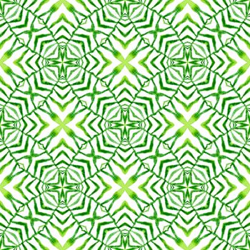 Watercolor summer ethnic border pattern. Green cute boho chic summer design. Textile ready resplendent print, swimwear fabric, wallpaper, wrapping. Ethnic hand painted pattern.