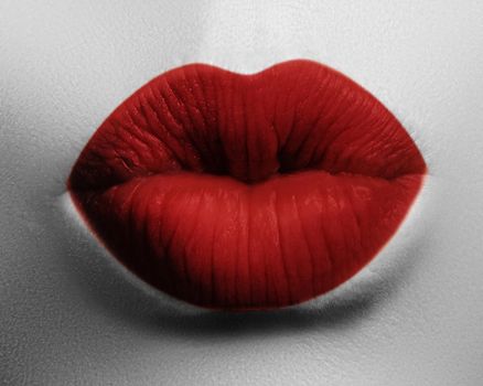 Sexy red lips make-up. Bloody kiss. Fashion makeup. Halloween or Valentine day look. Red vine color lipstick