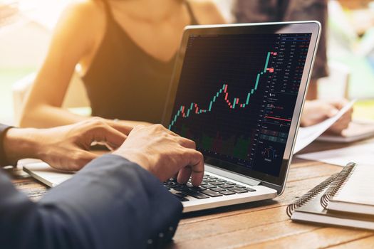 Stock market data chart analysis by ingenious computer software . Investment application display stock market chart on the computer screen and advise trading decision .