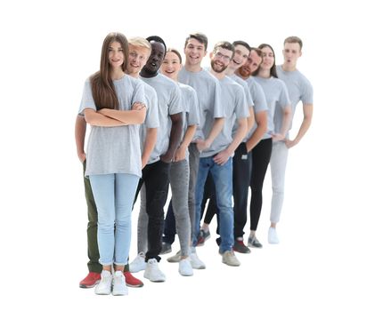 group of young people in gray t-shirts standing in a row. isolated on white background