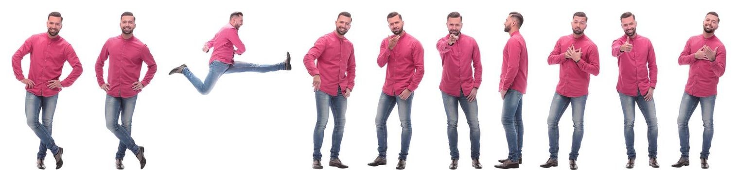 collage of photos of a handsome man in a red shirt. isolated on a white background