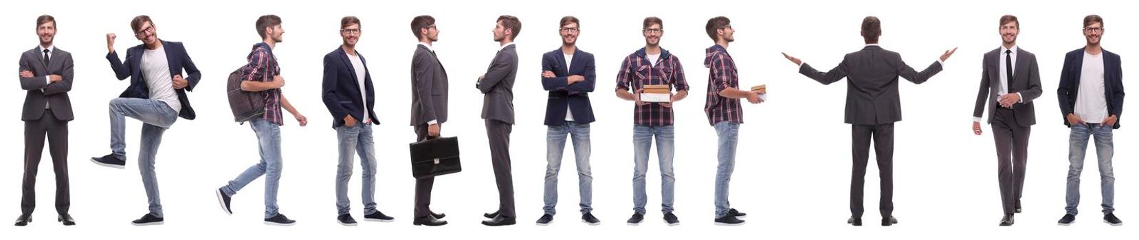 panoramic collage of self-motivated young man .isolated on white background