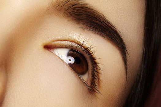Beautiful macro of female asian eye with classic clean makeup. Perfect strong shape eyebrows, beige eyeshadows. Cosmetics and make-up. Care about eyes