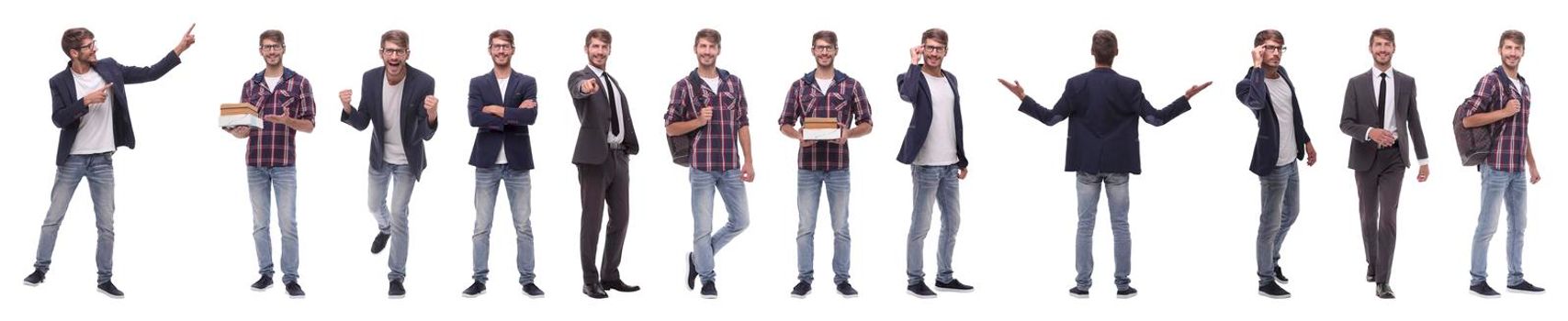 panoramic collage of self-motivated young man .isolated on white background