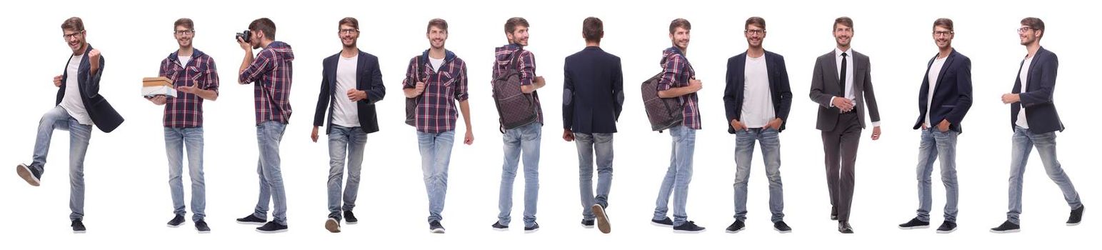 panoramic collage of self-motivated young man .isolated on white background