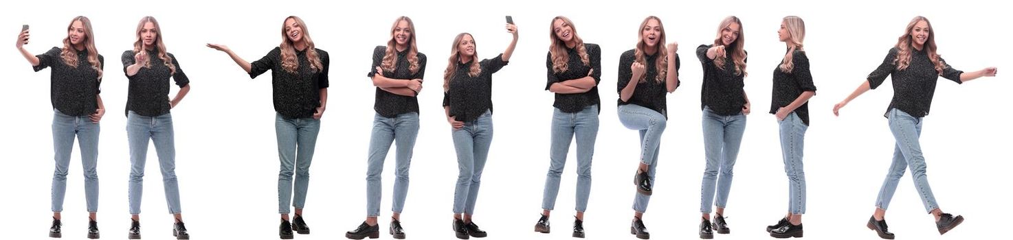 photo collage of a modern young woman with a smartphone. isolated on a white background