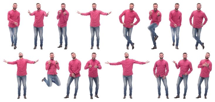 collage of photos of an emotional man in a red shirt. isolated on a white background