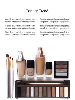 Cosmetics in natural colors and brushes isolated on white background. Makeup tools and accessories. Brow eyeshadows, naturel skin foundation for clean ton on face, nail polish, make-up brushes.