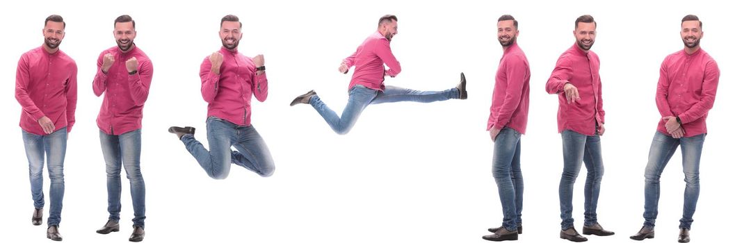 collage of photos of a modern man in a red shirt. isolated on a white background