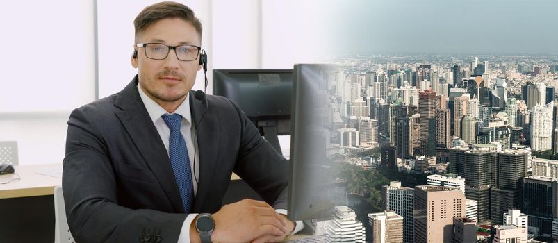 Business people wearing headset working in office to support remote customer or colleague. Call center, telemarketing, customer support agent provide service in broaden view .