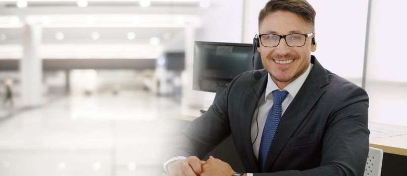 Business people wearing headset working in office to support remote customer or colleague. Call center, telemarketing, customer support agent provide service in broaden view .