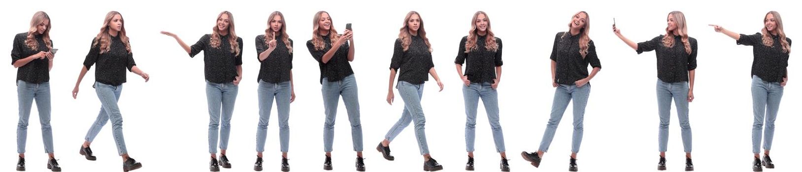 photo collage of a modern young woman with a smartphone. isolated on a white background