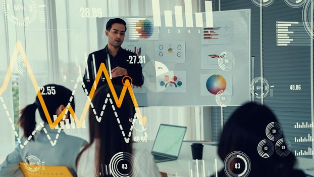 Business people in corporate staff meeting with envisional graphic . Concept of digital technology for marketing data analysis and investment decision making .