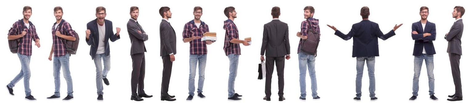 panoramic collage of self-motivated young man .isolated on white background