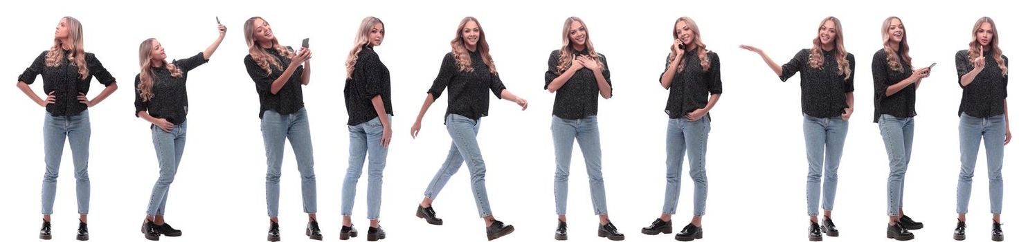 photo collage of a modern young woman with a smartphone. isolated on a white background