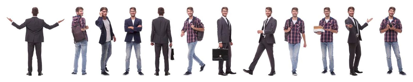 panoramic collage of self-motivated young man .isolated on white background