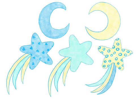 Watercolor hand drawn illustration of blue yellow cute celestial stars moon night sleep. Boy baby shower design for invitations greeting party, nursery clipart is soft pastelcolors modern minimalist print for kids children