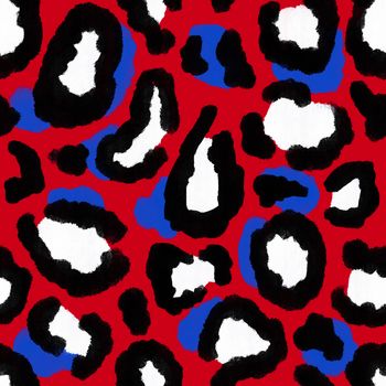Seamless hand drawn pattern with patriotic leopard cheetah background. American US 4th fourth of July independence day fabric print. Blue red white design for party celebration fashion textile