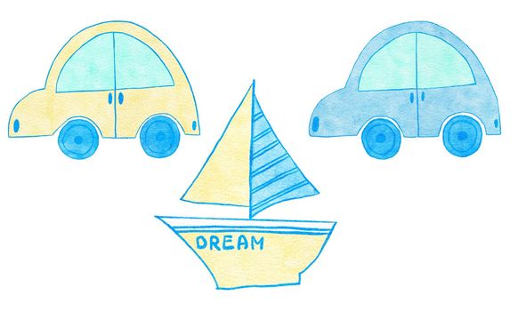 Watercolor hand drawn illustration of blue yellow cute car automobile yacht transport. Boy baby shower design for invitations greeting party, nursery clipart is soft pastelcolors modern minimalist print for kids children