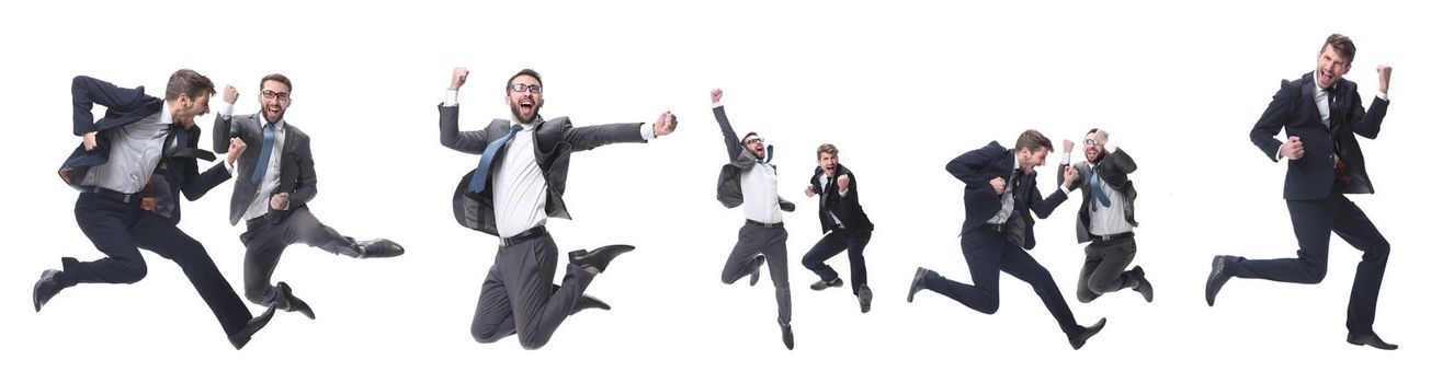 in full growth. two cheerful dancing business people. isolated on white background.