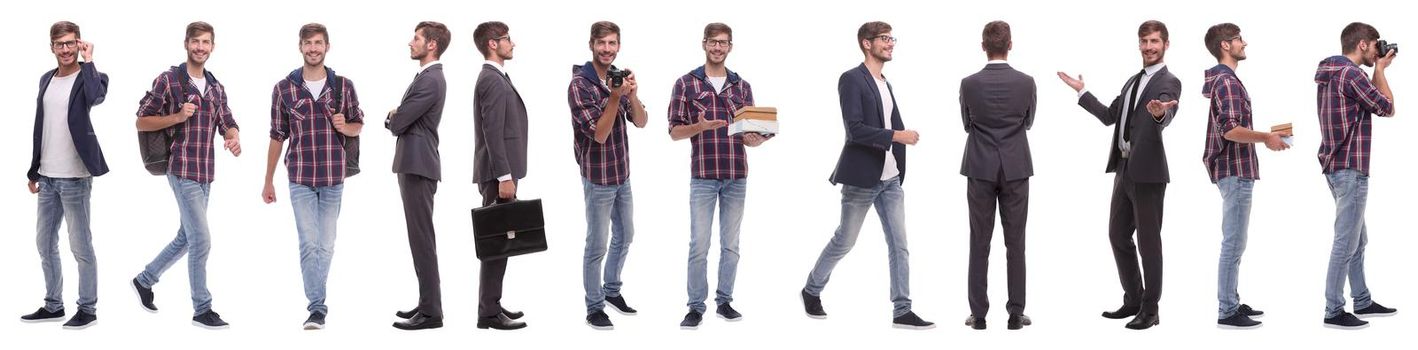 panoramic collage of self-motivated young man .isolated on white background