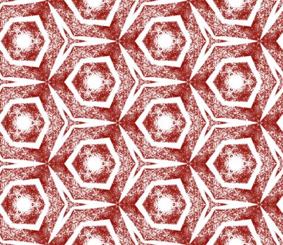 Ethnic hand painted pattern. Maroon symmetrical kaleidoscope background. Summer dress ethnic hand painted tile. Textile ready optimal print, swimwear fabric, wallpaper, wrapping.