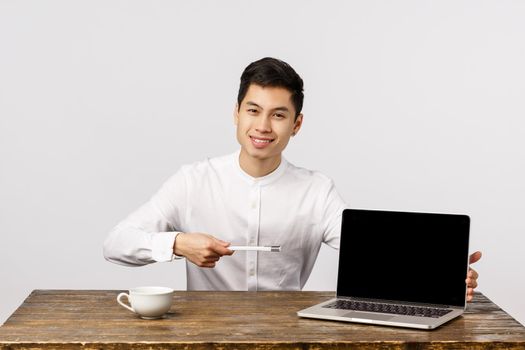 Confident elegant and pleasant young asian male office manager, administrator, showing client opportunities or variants, introduce company plan as pointing laptop screen and smiling.