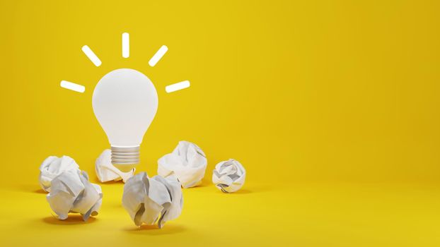 New idea concept design of lightbulb and crumpled paper on yellow background 3D render