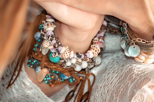 fashionable young model in boho style dress